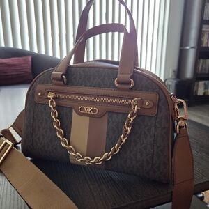 Michael Kors Brown and Tan Dome Satchel with Gold Chain Detail
